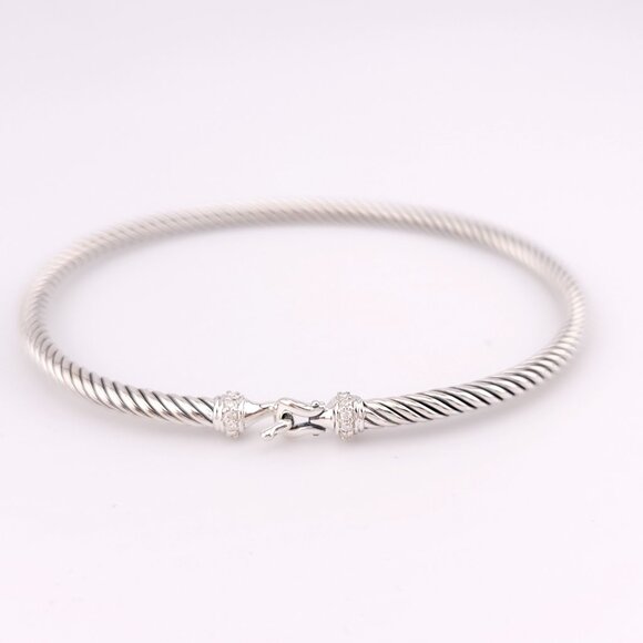David Yurman Sterling Silver Classis Cable 3mm Diamond Buckle Bangle Bracelet - Picture 3 of 11